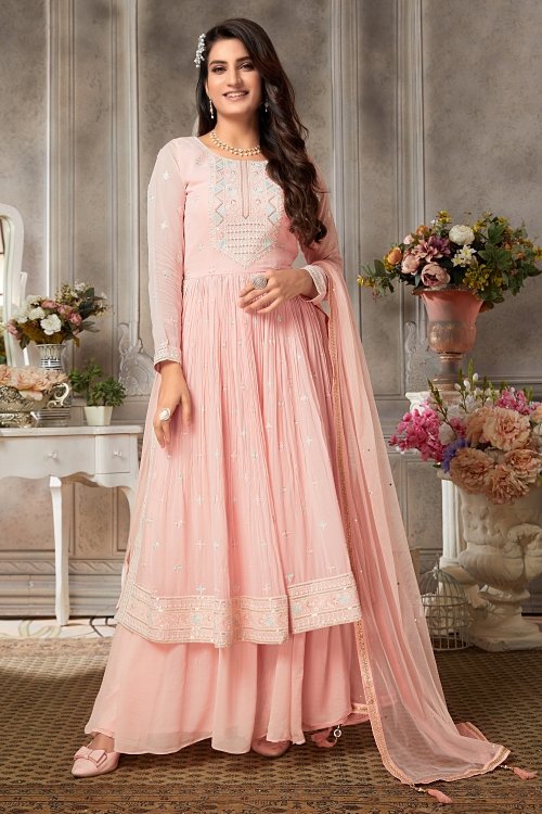 Light Pink Georgette Palazzo Suit with Embroidery