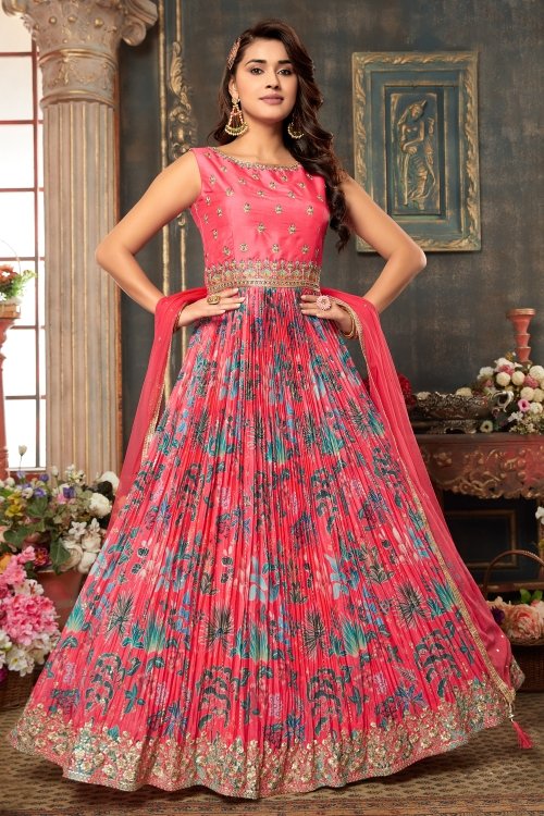 Pink Chinon Floral Printed Anarkali Suit