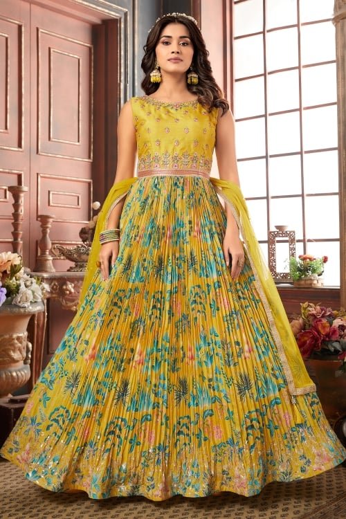 Yellow Chinon Floral Printed Anarkali Suit