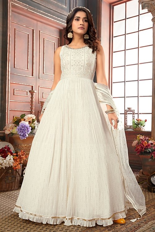 Off White Georgette Lucknowi Worked Anarkali Suit