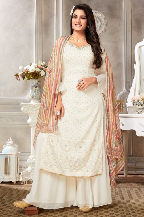 Off White Georgette Seequins Straight Cut Suit