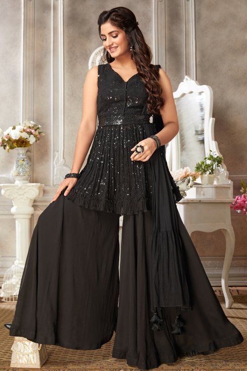 Black Georgette Sequinned Palazzo Suit