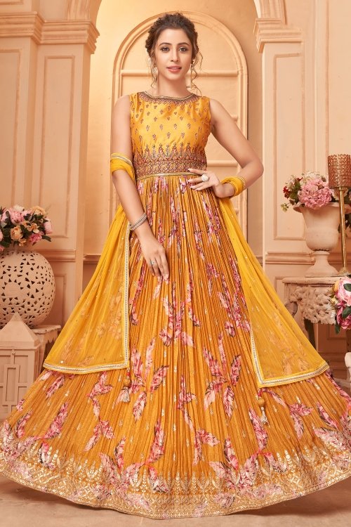 Mustard Chinon Floral Printed Anarkali Suit