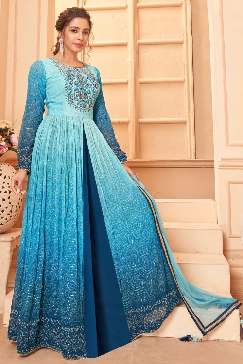 Blue Shaded Georgette Slit Cut Palazzo Suit