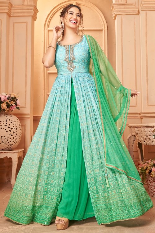 Light Blue and Green Shaded Georgette Slit Cut Palazzo Suit