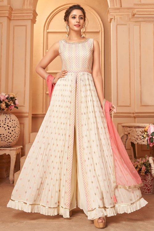 Cream Georgette Slit Cut Palazzo Suit with Embroidery