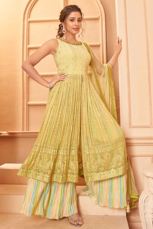 Light Green Georgette Sequinned Palazzo Suit