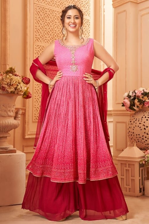 Pink Shaded Georgette Printed Palazzo Suit