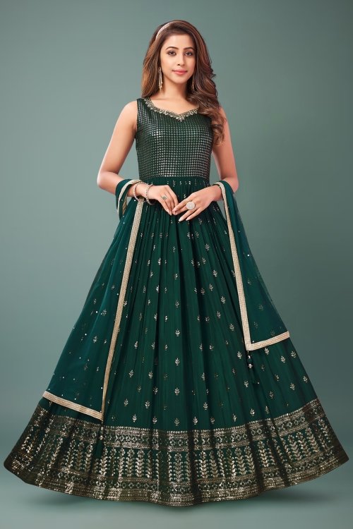 Green Chinon Sequinned Anarkali Suit
