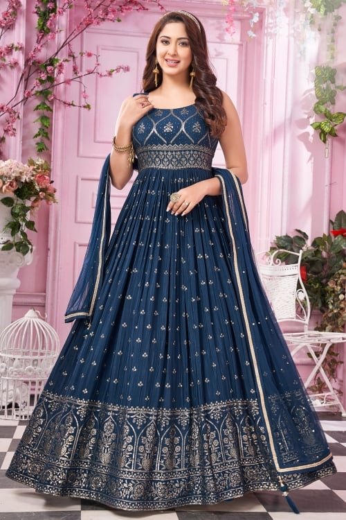 Blue Chinon Sequinned Anarkali Suit