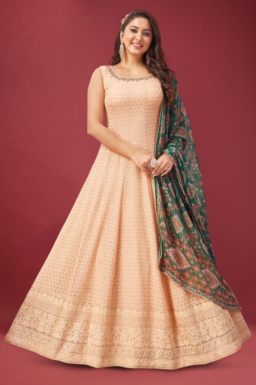 Peach Georgette Anarkali Suit with Embroidery
