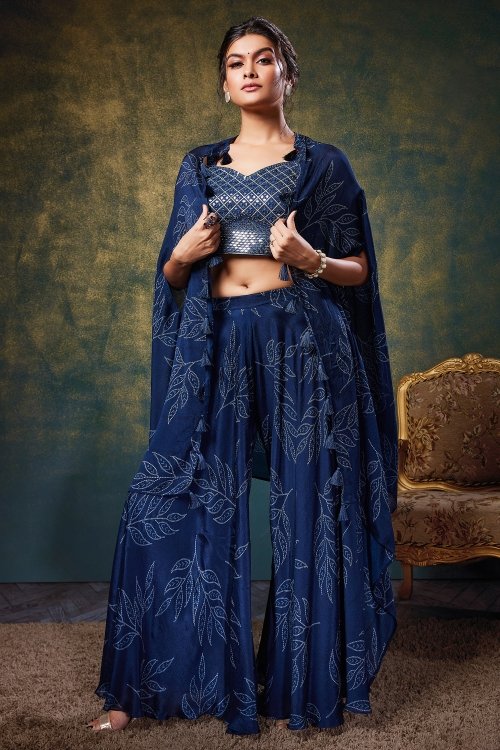Blue Georgette Mirror Worked Crop Top Palazzo with Jacket