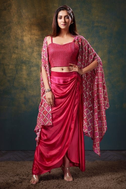 Pink Georgette Crop Top with Drapd Skirt and Jacket