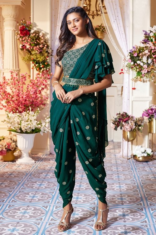 Dark Green Georgette Crop Top with Dhoti and Dupatta