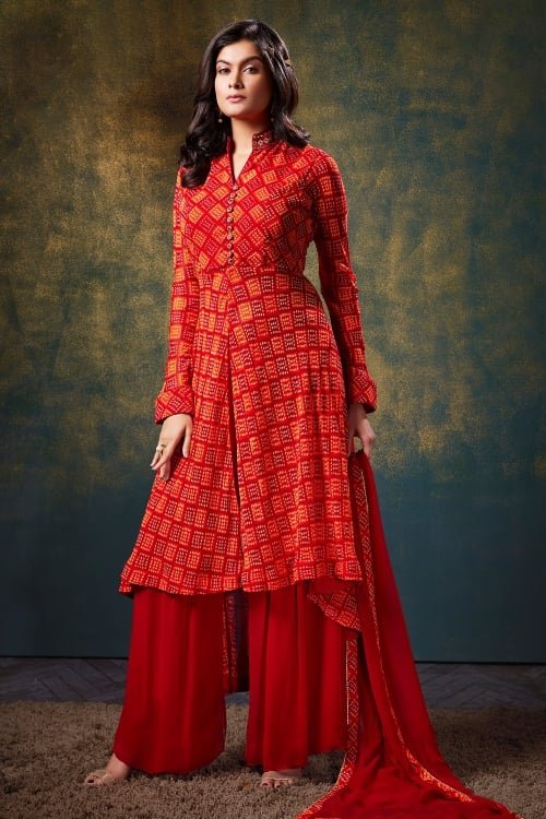 Red Georgette Suit with Bandhej Print