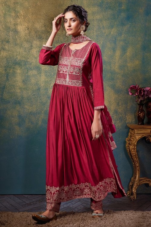 Maroon Muslin Silk Straight Cut Suit with Embroidery