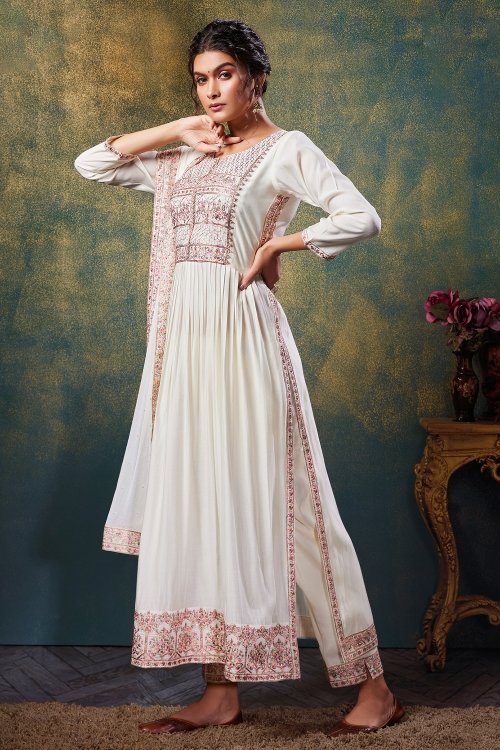 Pearl White Muslin Silk Embroidered Straight Cut Suit