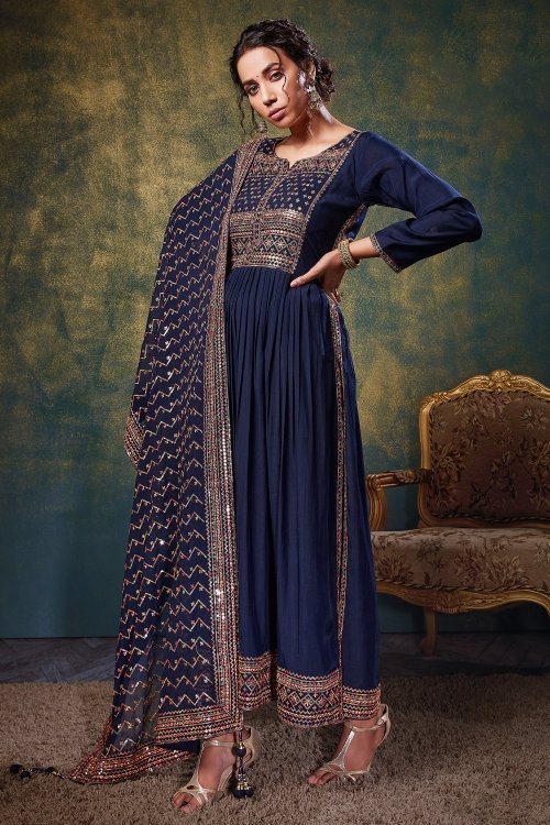 Blue Muslin Silk Straight Cut Suit with Embroidery