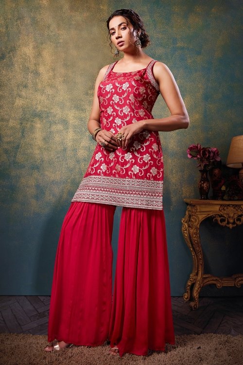 Pink Chinon Floral Woven Sharara Suit