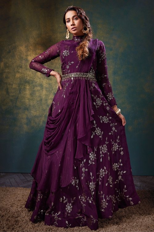 Wine Purple Crepe Sequinned Anarkali Suit with Attached Dupatta