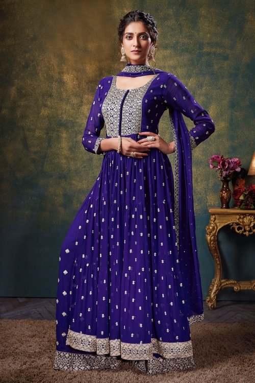 Purple Georgette Straight Cut Suit with Embroidery