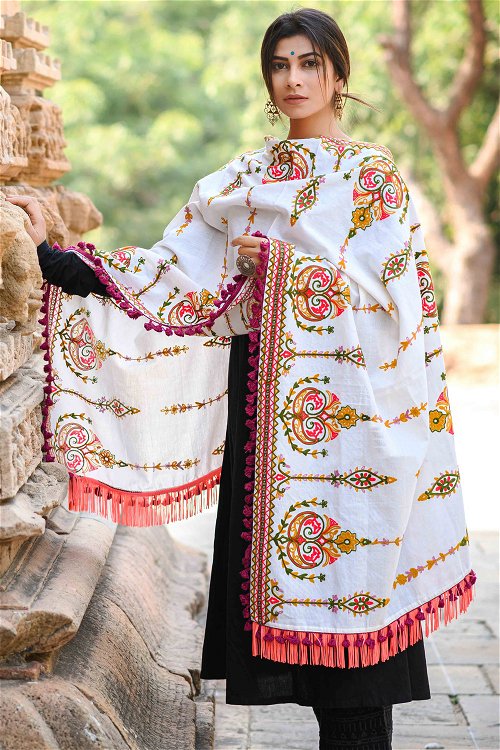 Pearl White Cotton Woolen Thread Embroidered Dupatta with Fringes Border