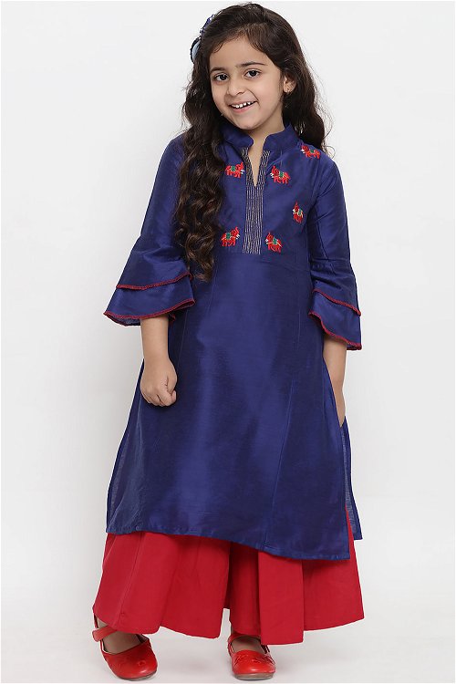 Navy Blue Dupion Silk Embroidered Straight Cut Palazzo Suit with Layered Bell Sleeves