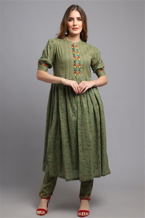 Olive Green Cotton Printed Kurti with Pant