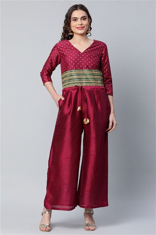 Maroon Crepe Printed Jumpsuit with Lace Work