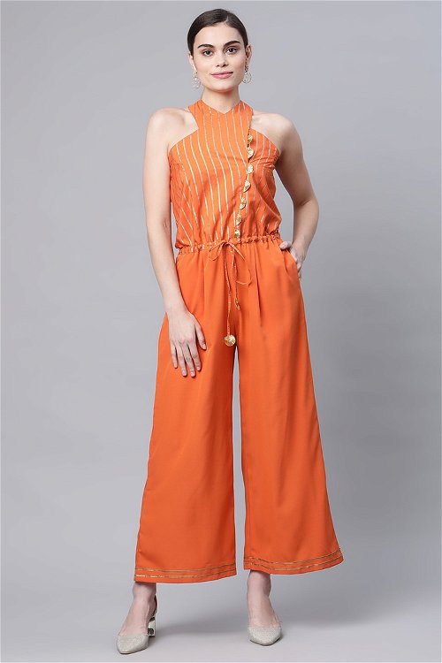 Orange Crepe Fancy Jumpsuit with Lace Work