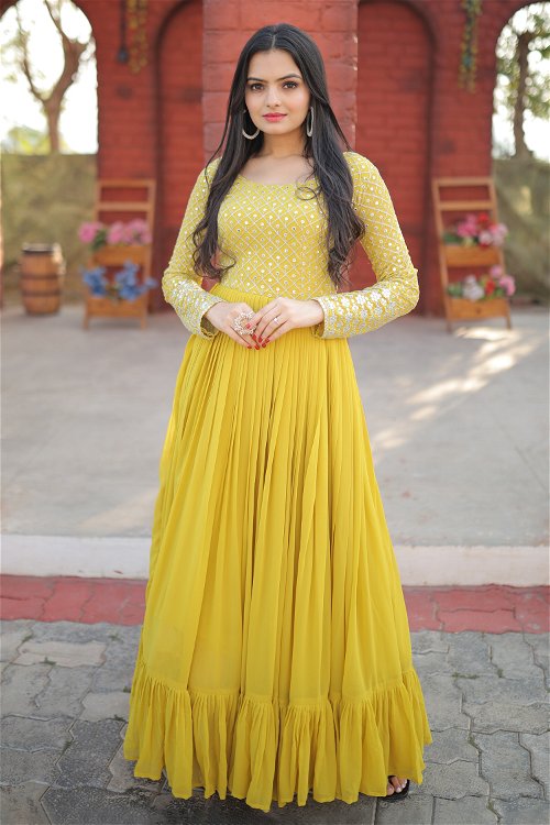Sun Yellow Georgette Anarkali Kurti with Embroidery and Sequins Work