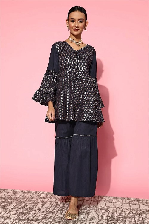 Navy Blue Foil Printed Bell Sleeves Peplum Style Top with Sharara in Cotton