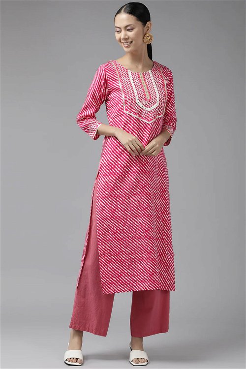 Pink Rayon Leheriya Printed Kurti with Lace Work in Neck