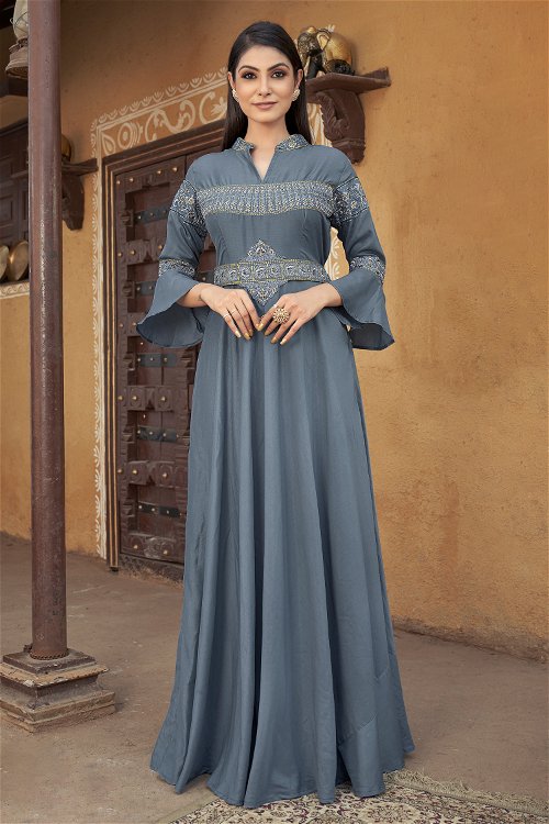 Grey Bell Sleeves Anarkali Kurti in Muslin with Embroidery and Stone Work
