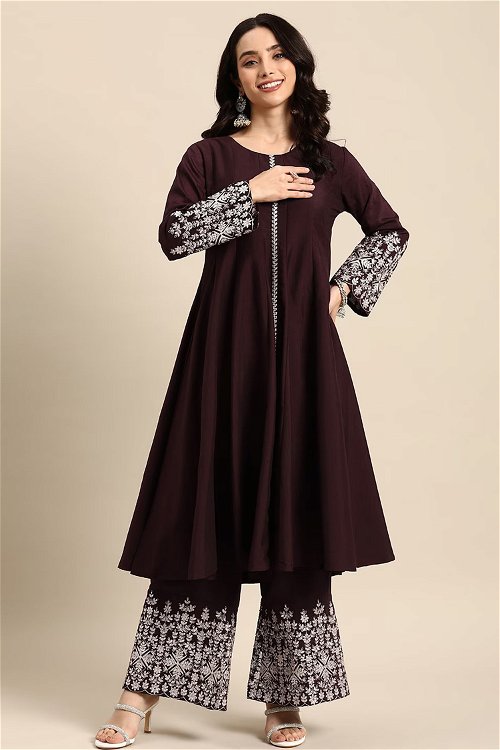 Hickory Brown Palazzo Kurti Set in Cotton with Embroidery