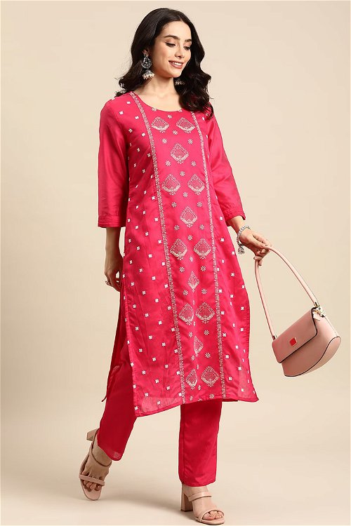 Neon Pink Straight Cut Kurti Set in Art Silk with Embroidery