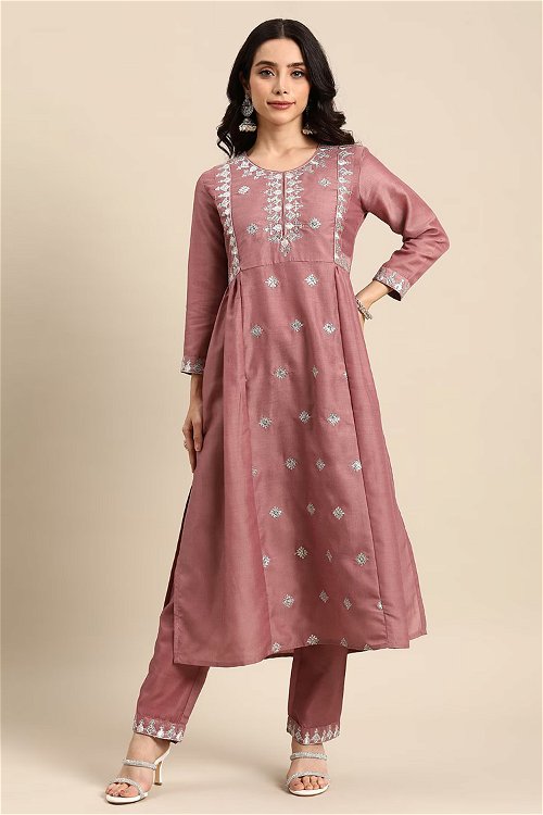 Dusty Mauve Kurti Set in Chinon with Embroidery
