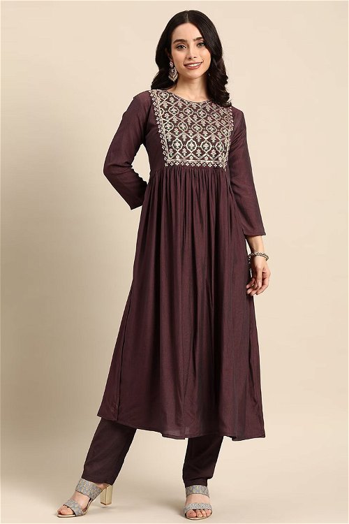 Brown Straight Cut Kurti Set in Muslin with Embroidery