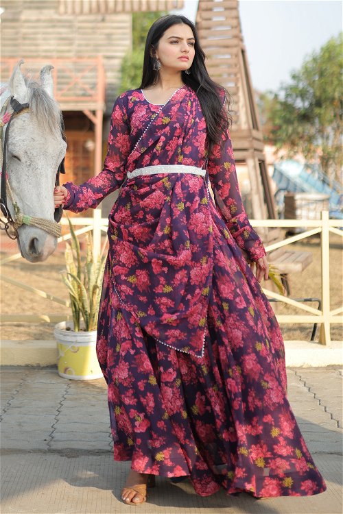 Imperial Purple Floral Motifs Anarkali Long Kurti in Georgette with Attached Dupatta