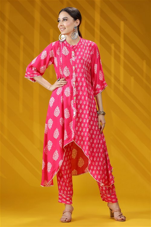 Dark Pink Floral Printed High Neck Kurti with Pant in Chinon