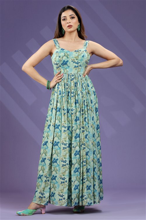 Light Blue Floral Printed Long Kurti in Chinon with Cutdana