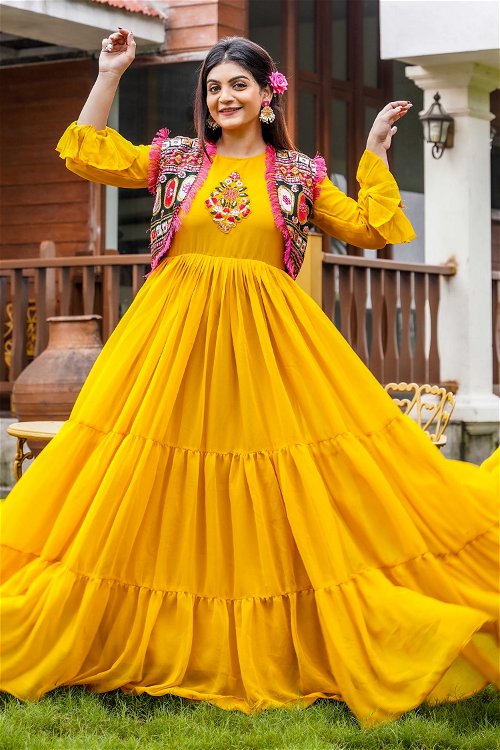Yellow Flared Anarkali Kurti in Georgette with Embroidery and Jacket