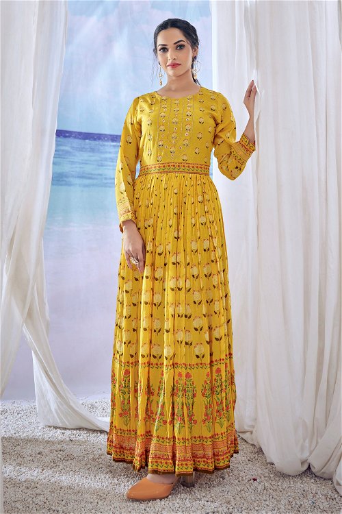 Yellow Long Kurti in Viscose Muslin with Floral Print