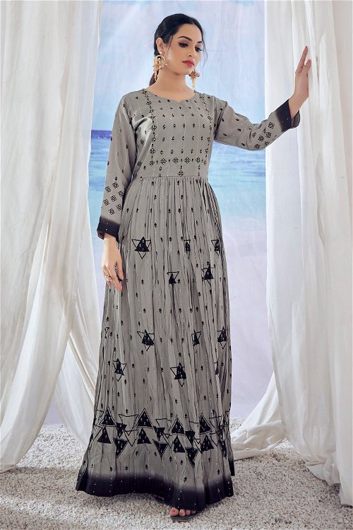 Light Grey Printed Kurti in Viscose Muslin with Sequins