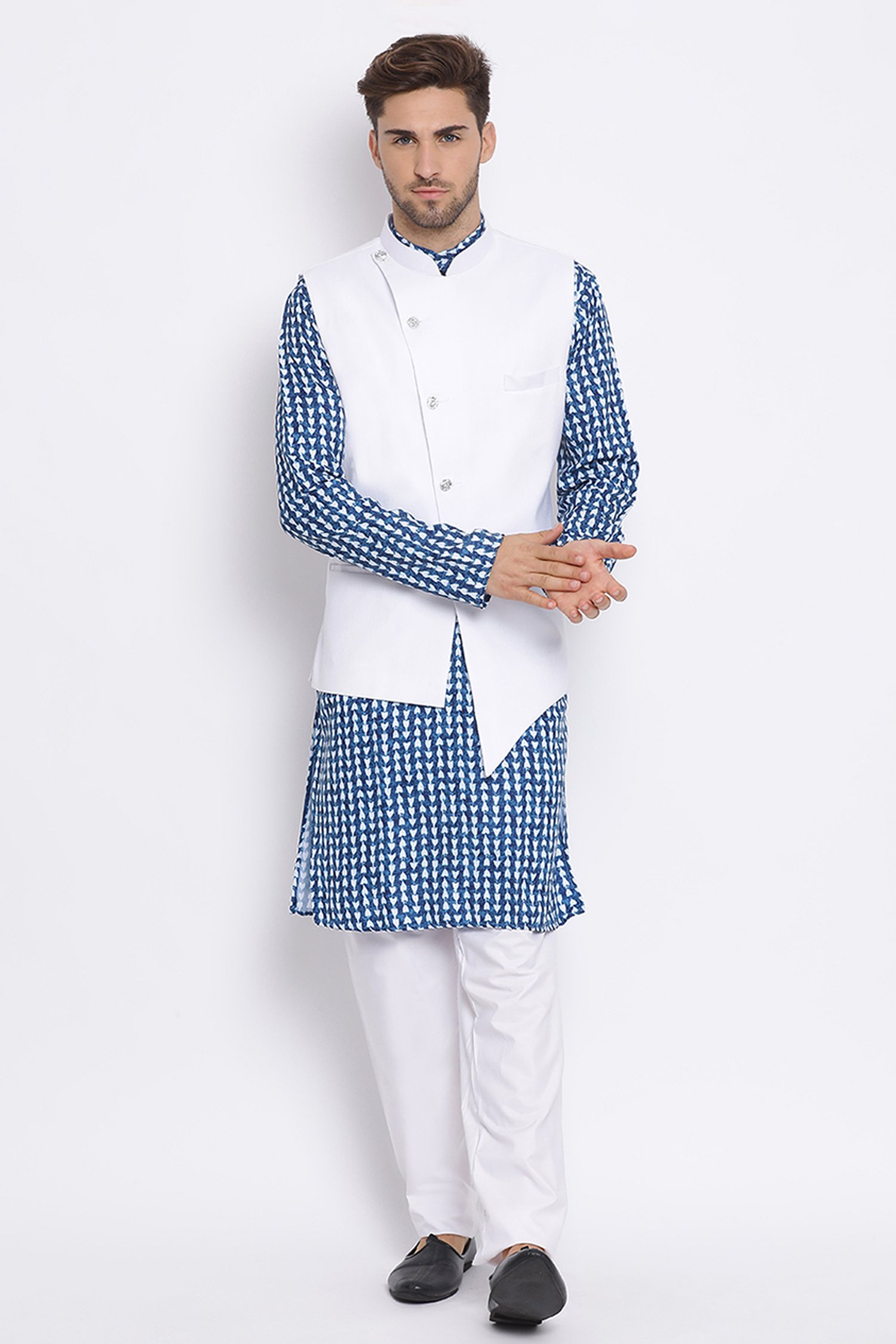 Blue and White Cotton Printed Kurta Pajama