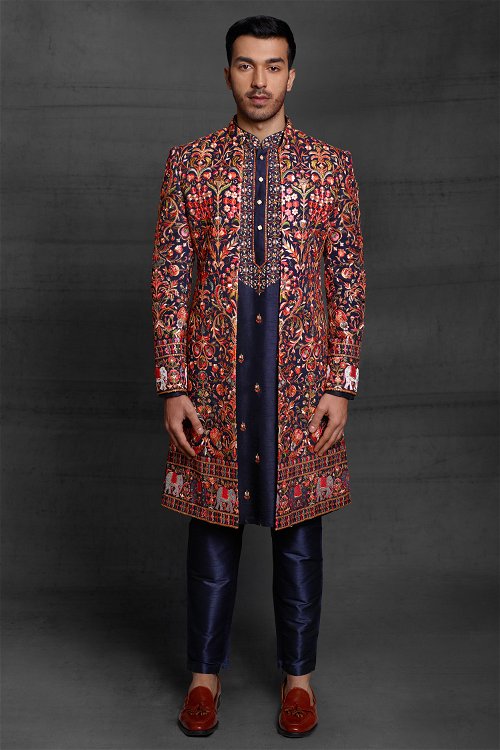 Blue Silk Sherwani with Embroidered Jacket