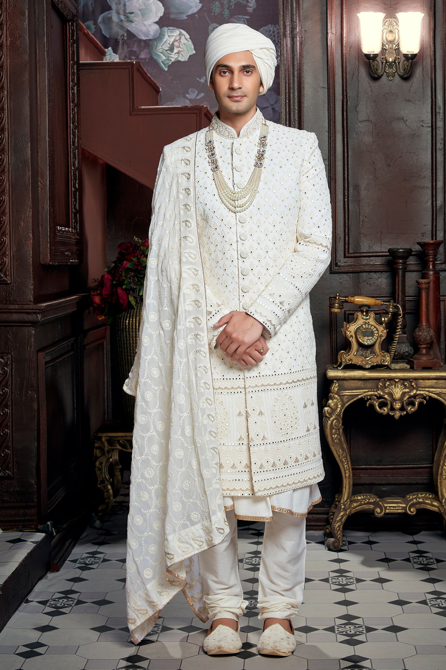Pearl White Silk Lucknowi Chikankari Worked Sherwani