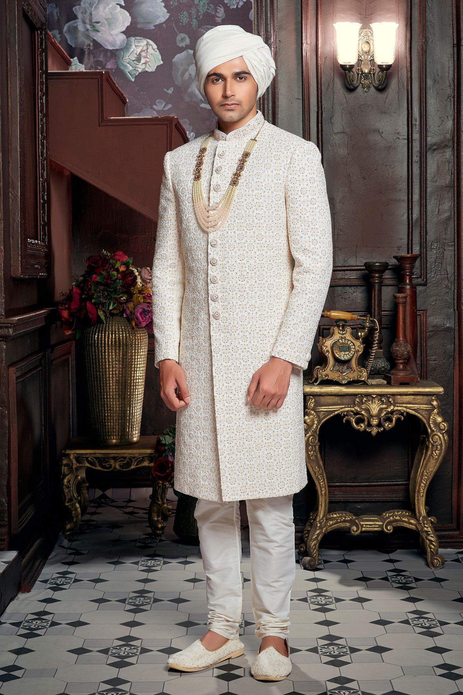 White Silk Sherwani with Embroidery