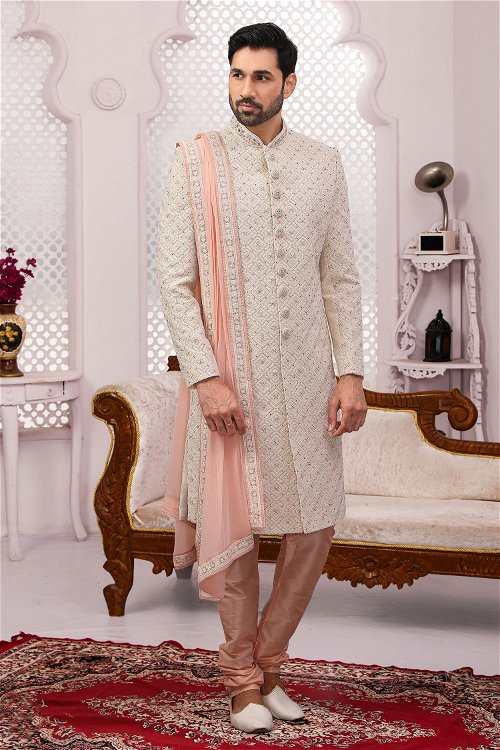 Cream Georgette Sherwani with Embroidery