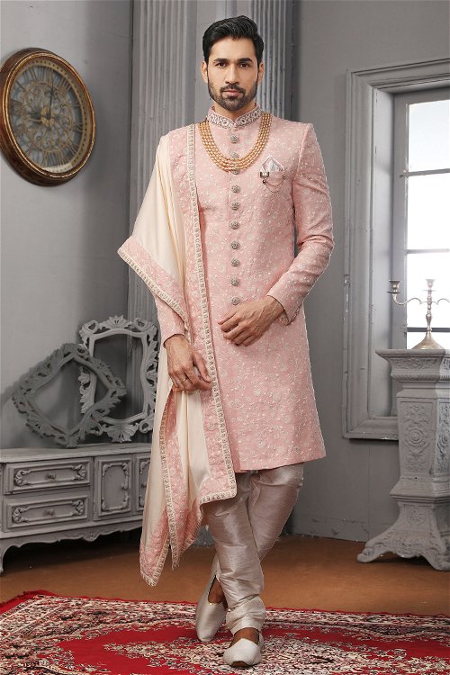 Pink Raw Silk Embroidered Sherwani